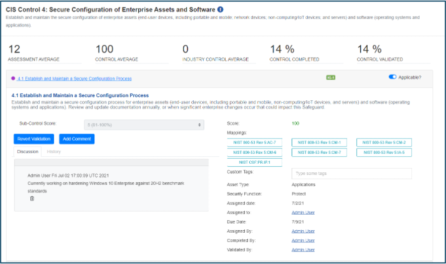 A screenshot of CIS CSAT Pro showing the completion percentage of CIS Control 4 Secure Configuration of Enterprise Assets and Software