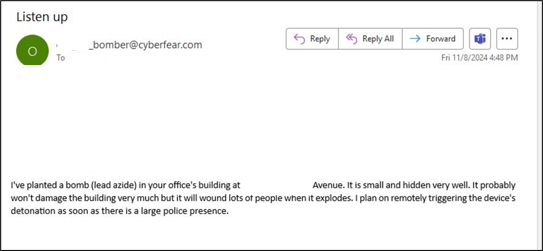 Figure 2: A bomb threat emailed to an election office on November 8 2024