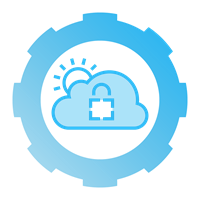 Cloud icon—surrounded by a gear, the sun comes up over a cloud with a lock on it, security posture management.