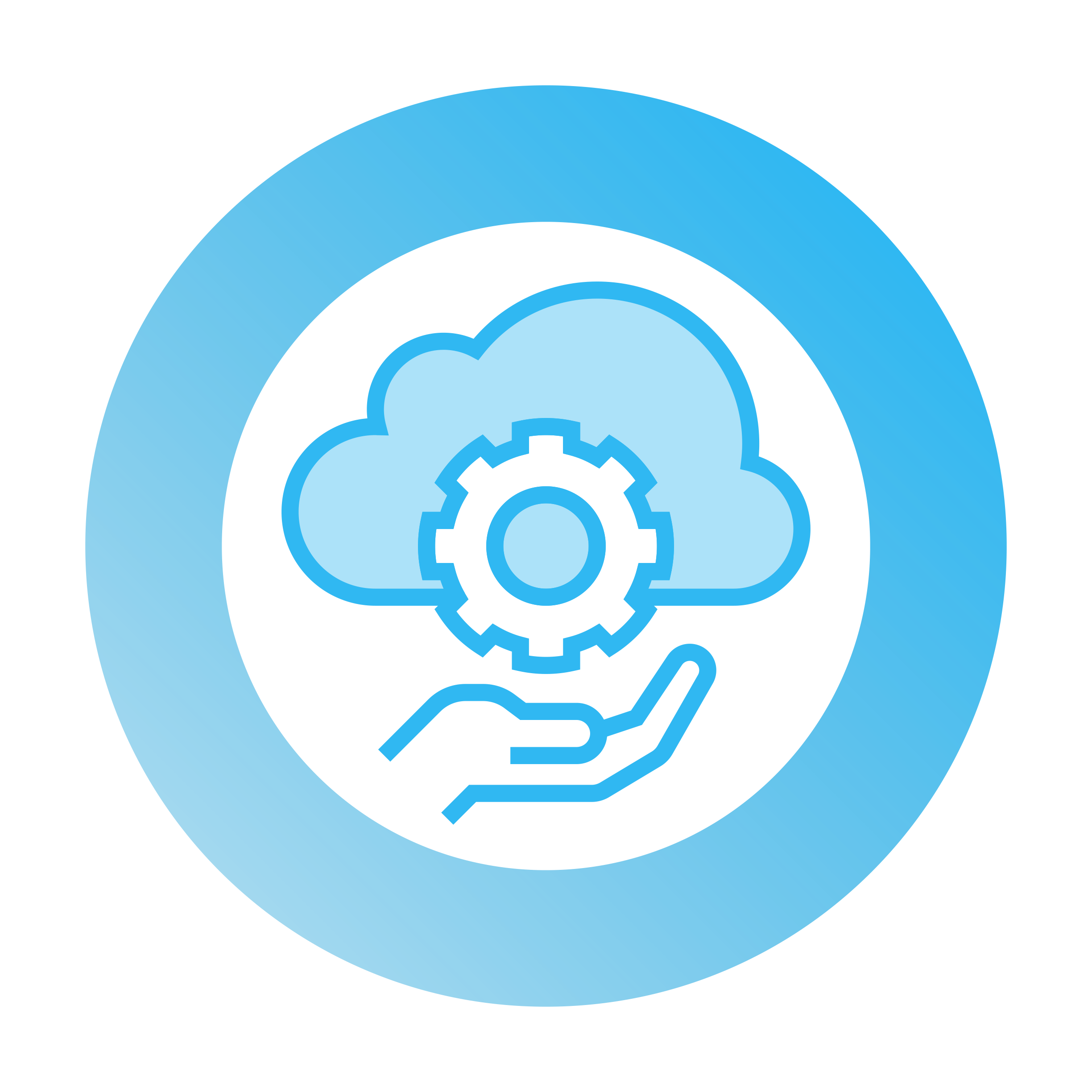 Cloud icon—surrounded by a circle, a cloud with a gear on it is held by an open hand, support.