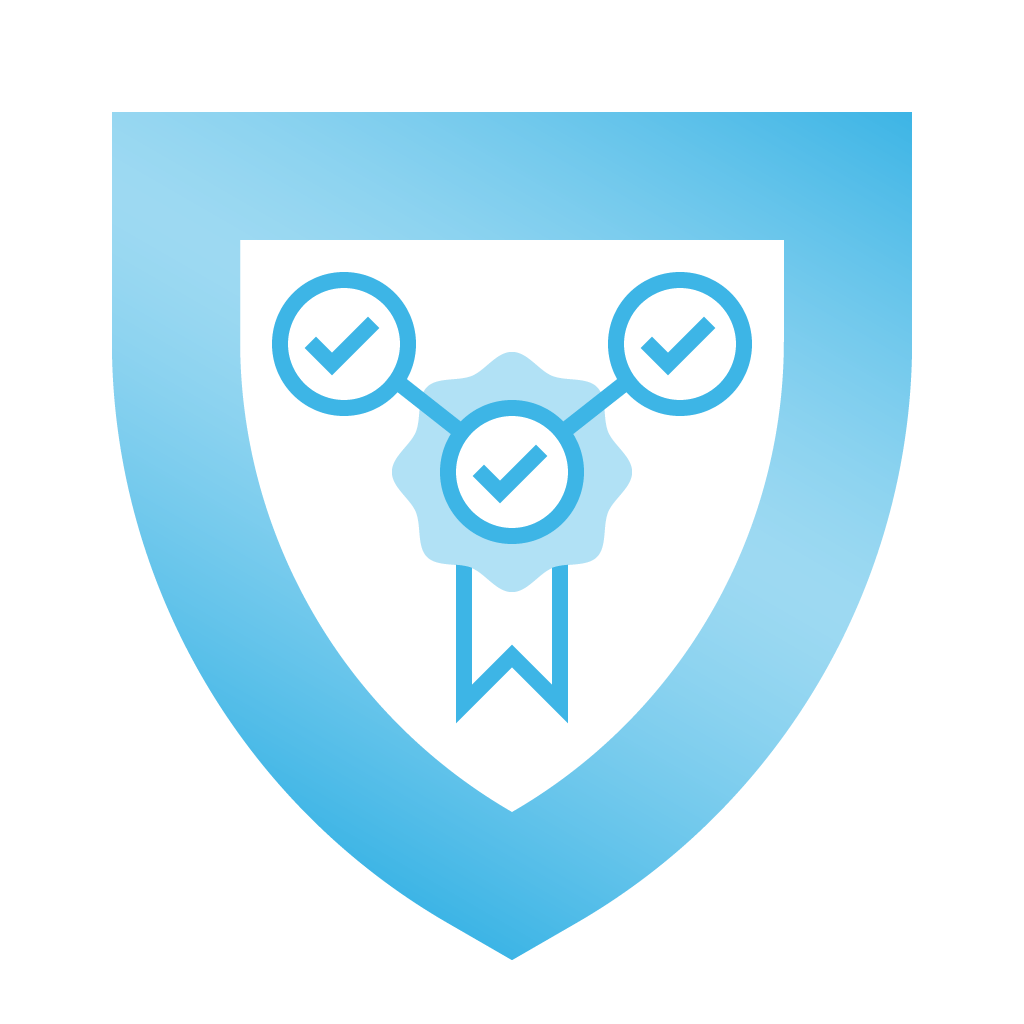 Cloud icon—surrounded by a shield, a ribbon with a checkmark is connected upward and out to two other checkmarks, representing security goals compliance